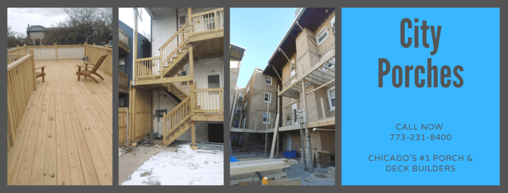 Promotional banner for City Porches featuring examples of their work on wooden decks and porches with a clear call to action and contact number on a bright blue background.-Chicago Porch and Deck Repair | Deck Repair
