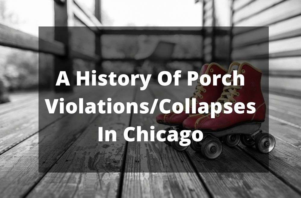 Red roller skates on a wooden porch with text about Chicago's porch safety history, emphasizing compliance and structure integrity."