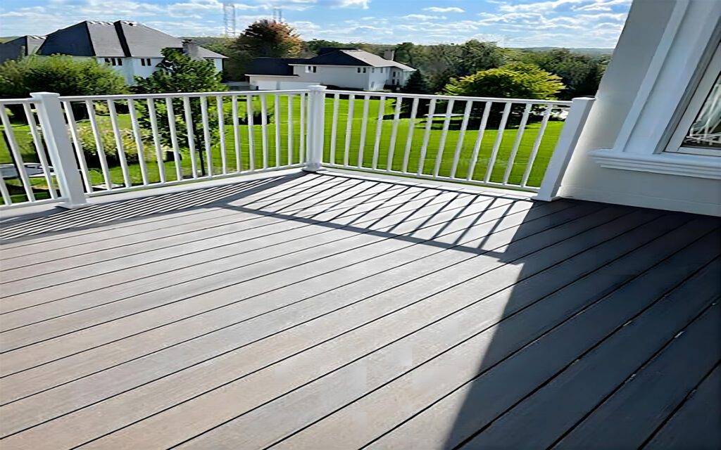 Sunlit composite decking with white railing on a porch, offering a view of a well-kept lawn and houses in a suburban neighborhood.
