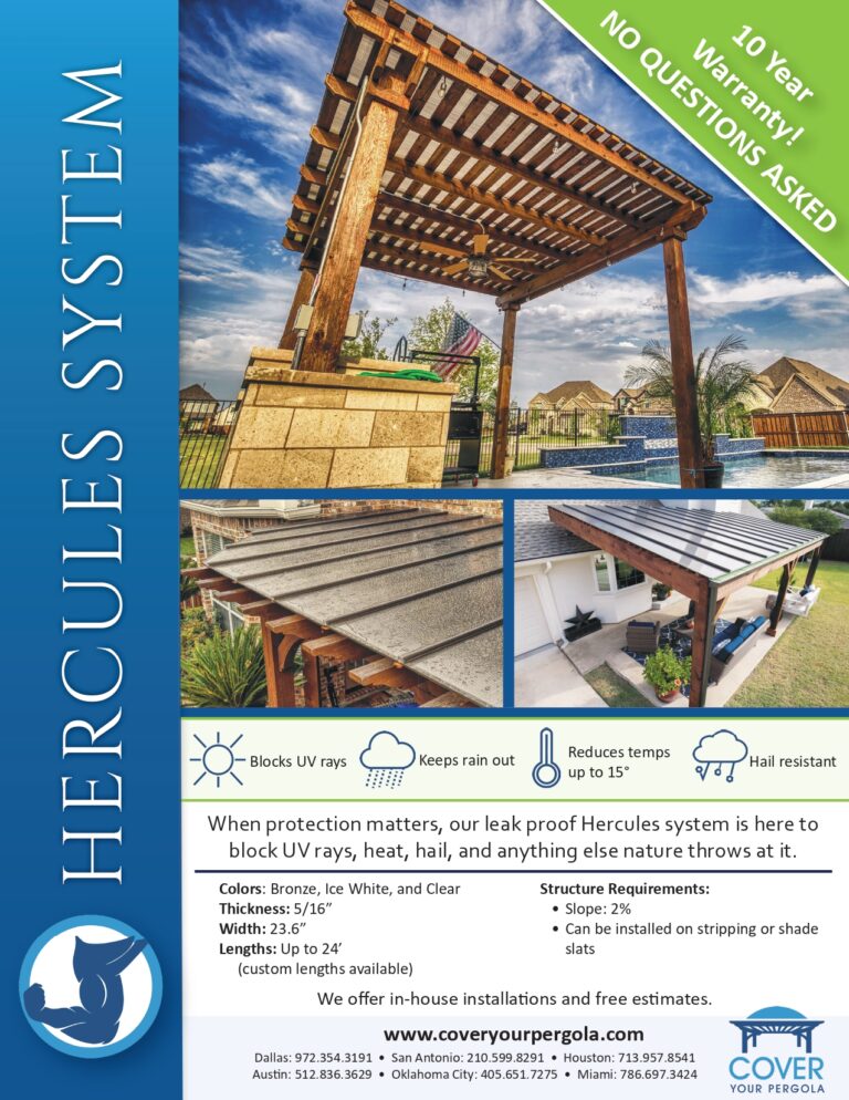 Ad for Hercules System with a 10-year warranty, UV protection, and rain guard for outdoor pergolas.
