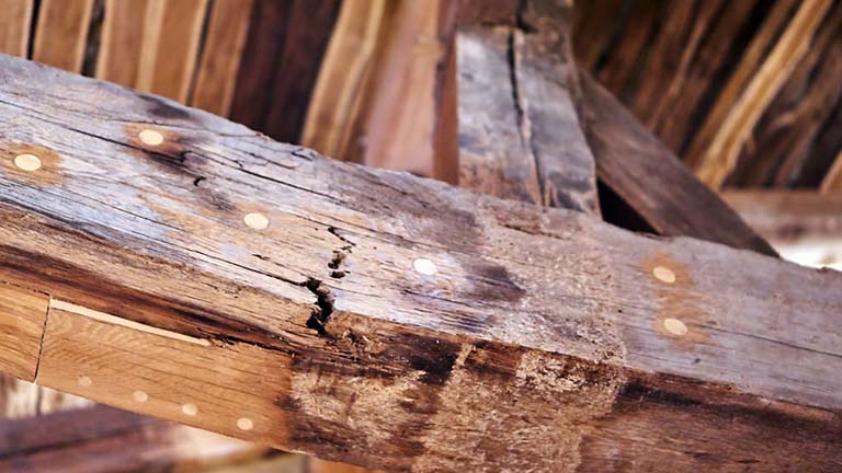 Close-up of cracked wooden beam with reinforcement plates.